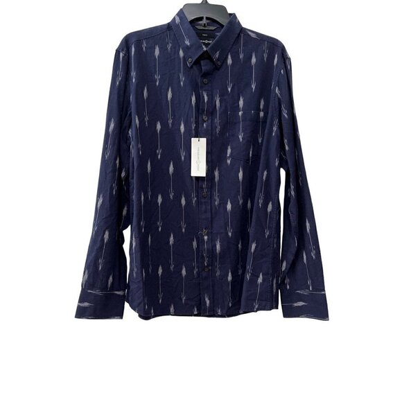 NWT Treasure & Bond Size L Navy White IKAT Print Long Sleeve Button-Up Shirt - Picture 1 of 10